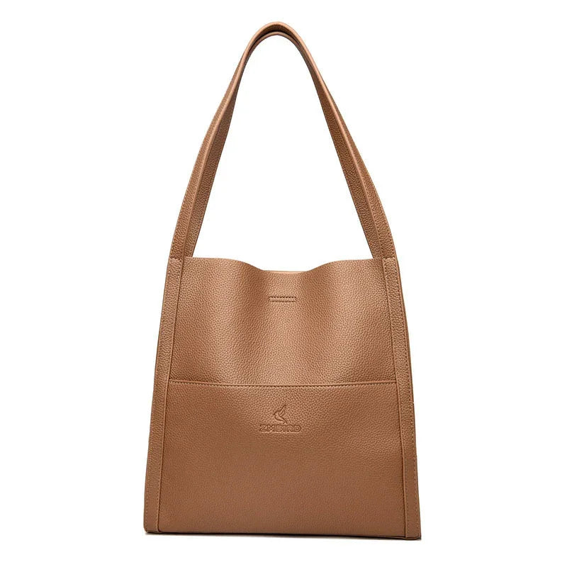 Brown textured leather shopper tote bag with long handles and front pocket