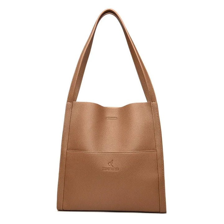 Brown textured leather shopper tote bag with long handles and front pocket