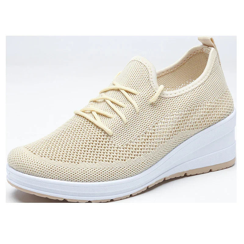 Light beige knit breathable sneaker with lace-up design and white thick sole