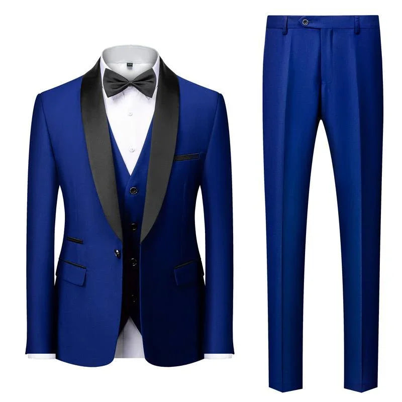 Elegant royal blue men's suit with black satin shawl lapel, vest, and matching trousers