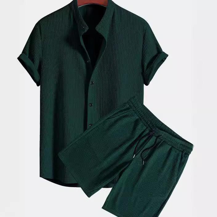 Dark green textured short-sleeve button-up shirt and matching shorts set with drawstring waist