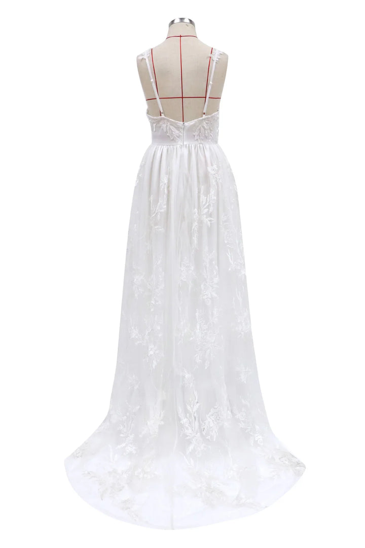 Back view of white lace floral embroidered sleeveless wedding dress on mannequin
