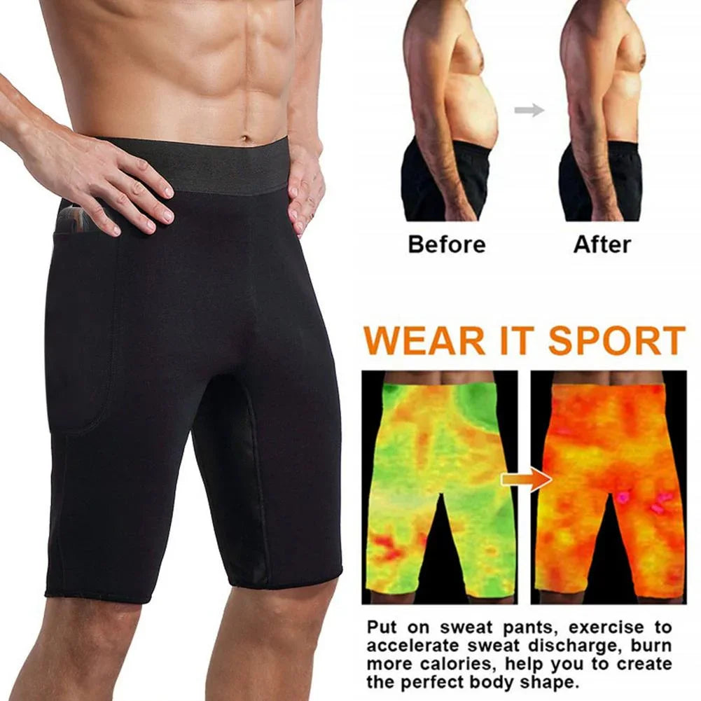 Man wearing black sweat shorts with before and after body weight loss images and heat map of sweatpants effect