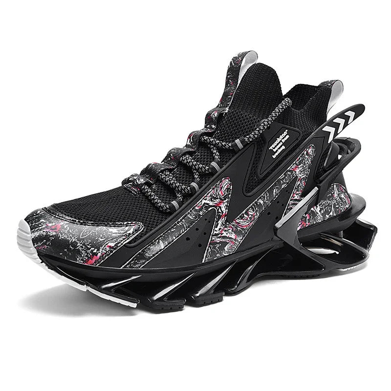 Black high-top sneaker with abstract pink and white marble pattern, futuristic sole, and textured knit upper