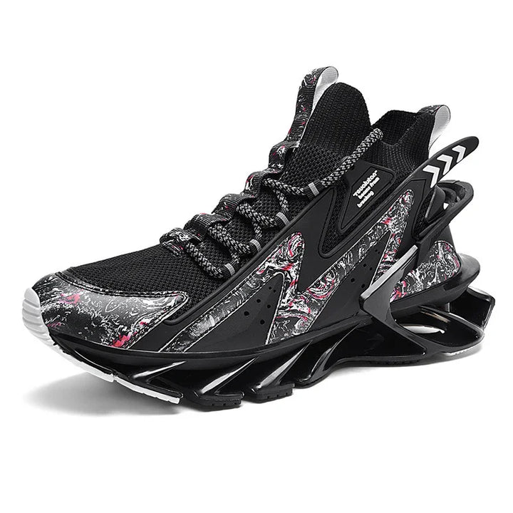 Black high-top sneaker with abstract pink and white marble pattern, futuristic sole, and textured knit upper