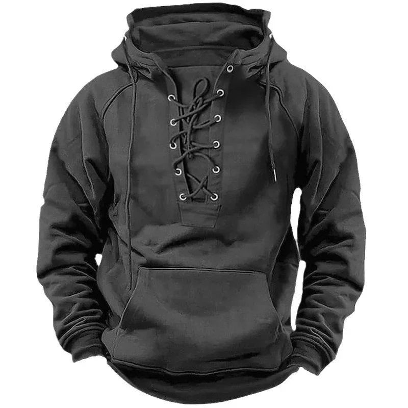 black hoodie with lace-up front, drawstring hood, and kangaroo pocket