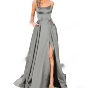 Elegant silver-gray satin evening gown with sleeveless design and thigh-high slit