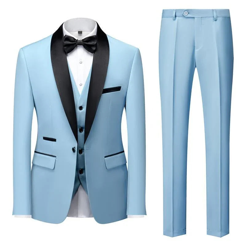 Light blue men's tuxedo suit with black satin shawl lapel, black bow tie, white dress shirt, and matching trousers
