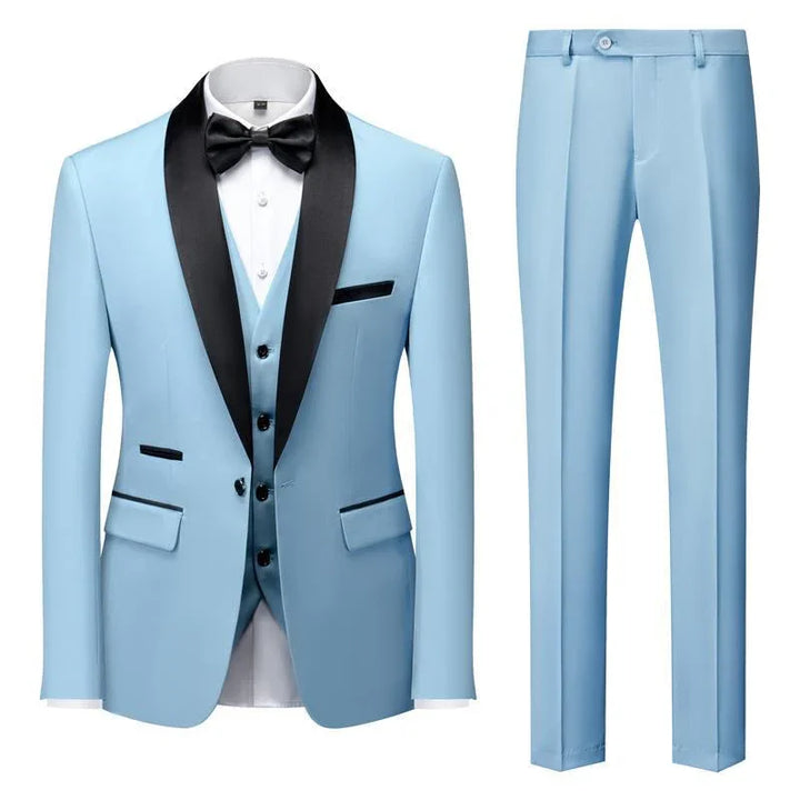 Light blue men's tuxedo suit with black satin shawl lapel, black bow tie, white dress shirt, and matching trousers
