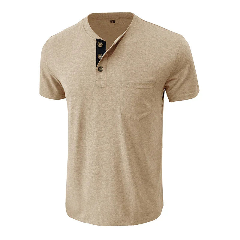 Beige short sleeve henley shirt with three buttons and chest pocket, casual men's top