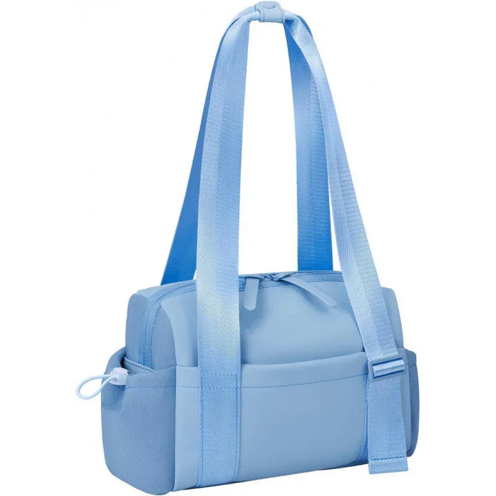 Light blue compact shoulder bag with adjustable straps and zippered compartments