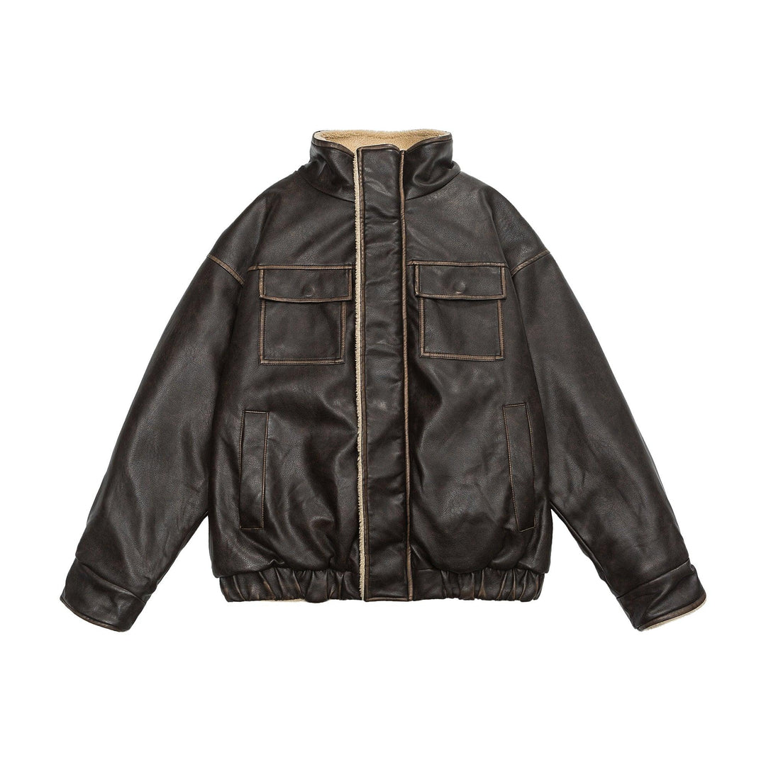 Dark brown leather bomber jacket with beige shearling lining and front flap pockets