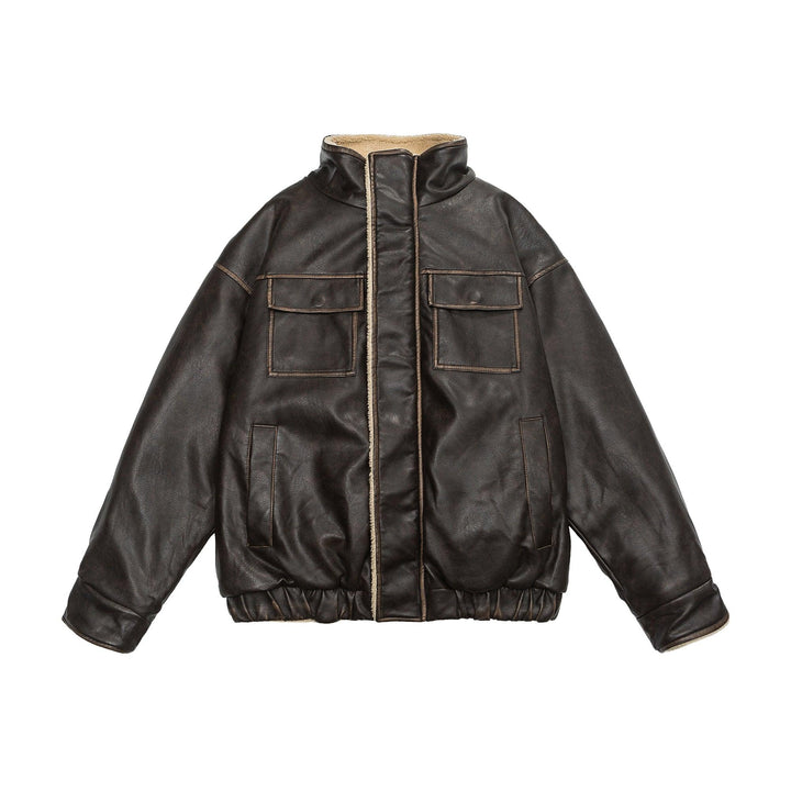 Dark brown faux leather bomber jacket with shearling lining and flap chest pockets