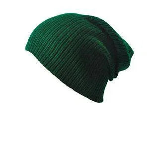 Dark green ribbed knit slouchy beanie hat isolated on white background