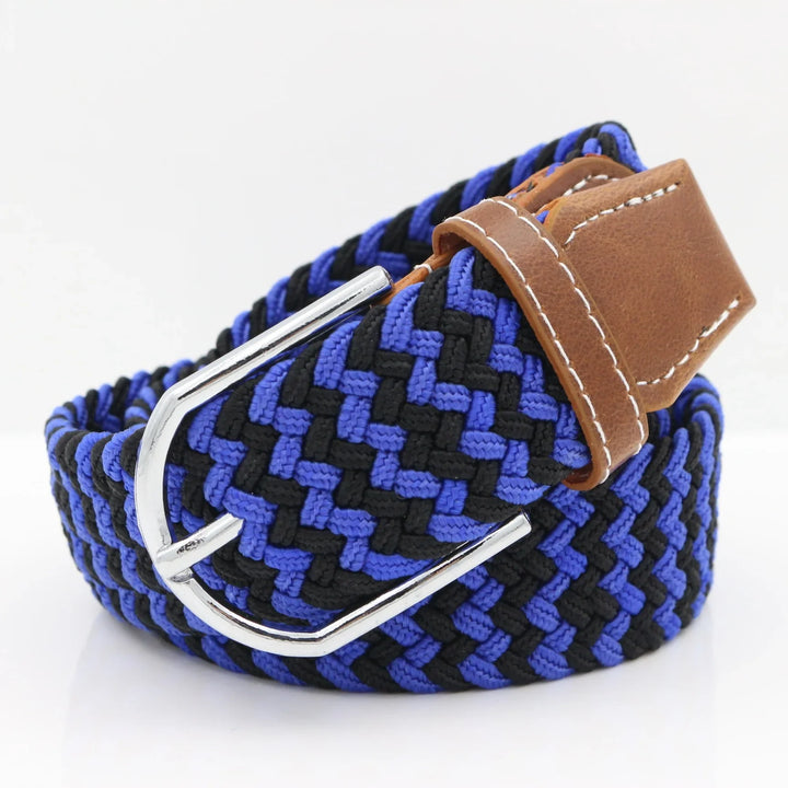 Blue and black woven belt with silver buckle and brown leather stitched end