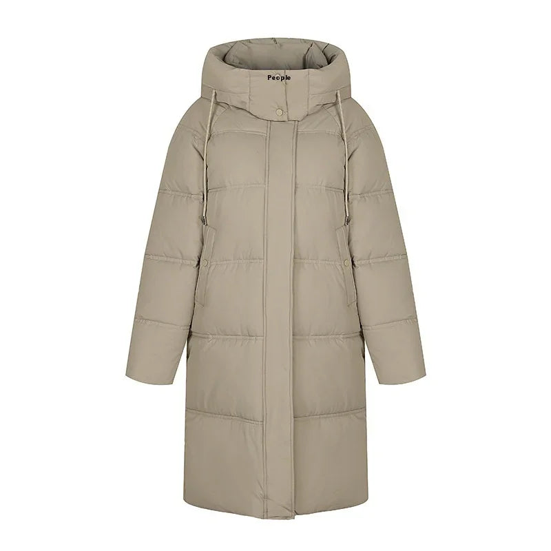 Beige long puffer winter coat with high collar and front pockets on white background