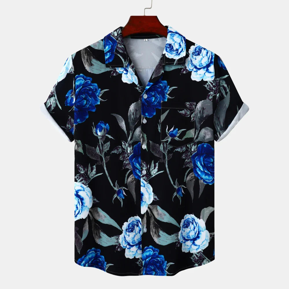 Black short-sleeve button-up shirt with blue and white floral print and chest pocket
