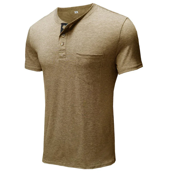 Men's beige short sleeve henley shirt with round neck, button placket, and chest pocket
