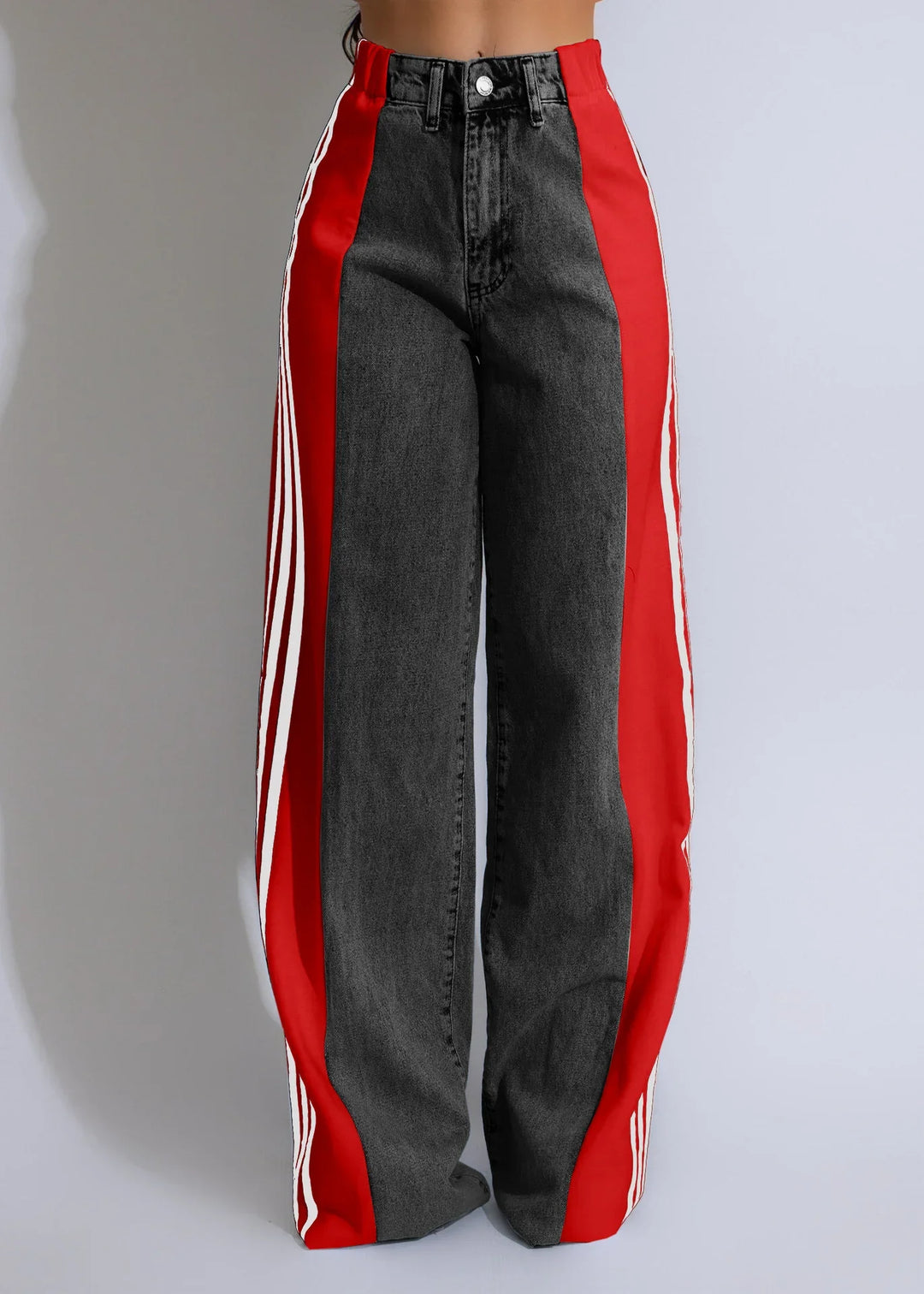 High-waisted wide-leg jeans with black center panel and red side stripes with white accents