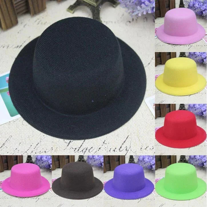 Variety of colorful round bowler hats in black, pink, yellow, red, purple, brown, green, and magenta on textured surface