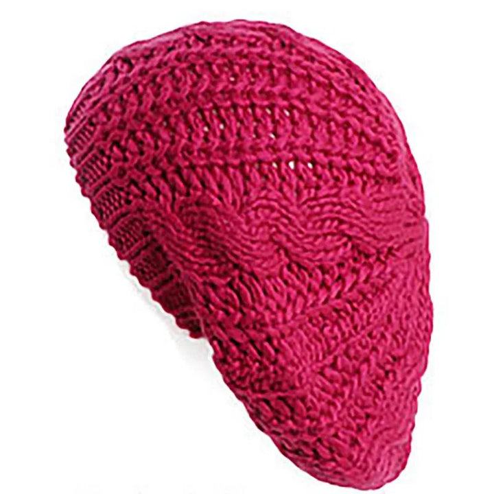 Handmade bright pink knitted crochet slouchy beanie hat with textured pattern