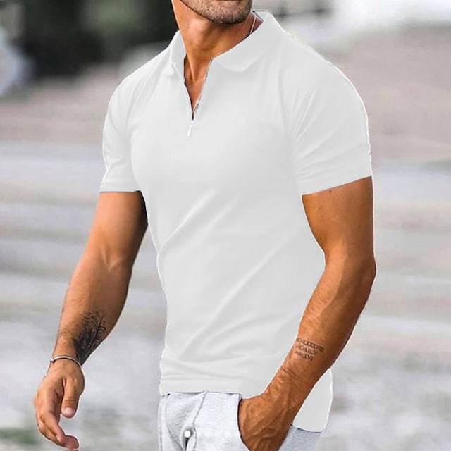 man wearing slim-fit white short sleeve polo shirt with zipper neckline outdoors