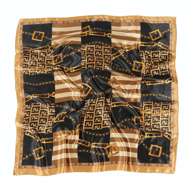 Luxury black and gold patterned silk scarf with chain and logo design