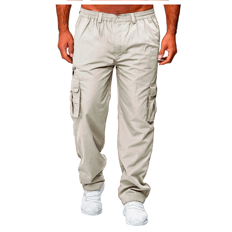 Men's beige cargo pants with multiple pockets and white sneakers on a white background