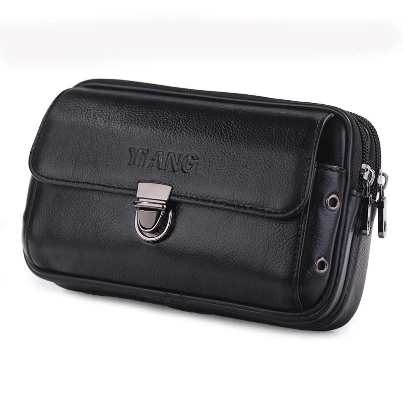 Black leather YIANG men's waist bag with metal clasp and dual zipper pockets