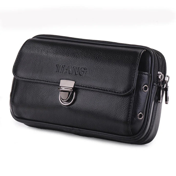 Black leather YIANG men's waist bag with metal clasp and dual zipper pockets