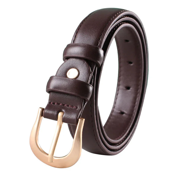Dark brown leather belt with gold metal buckle and stitched edges rolled up