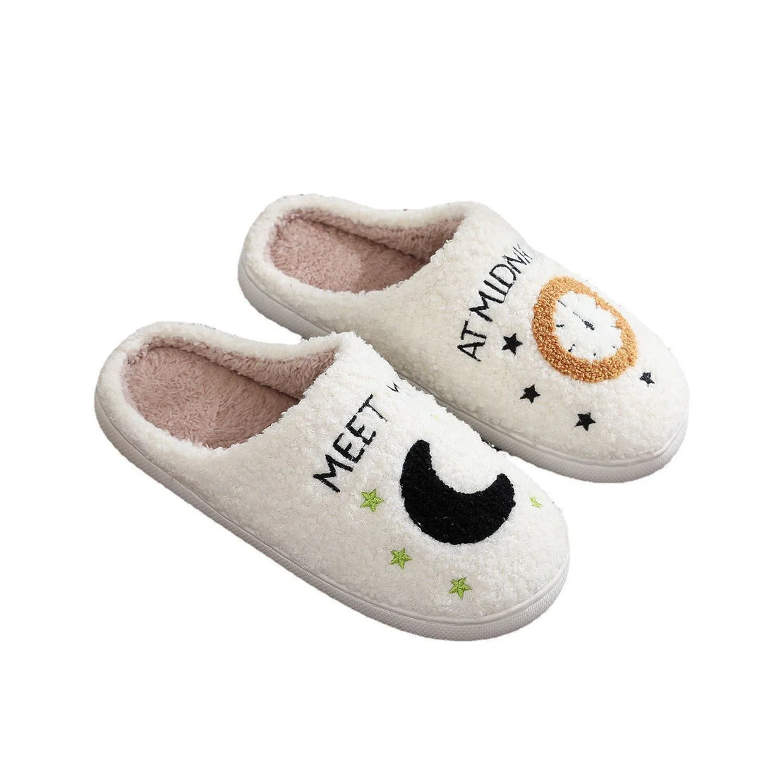 Cozy white fleece slippers with moon, clock, and "Meet Me At Midnight" embroidery