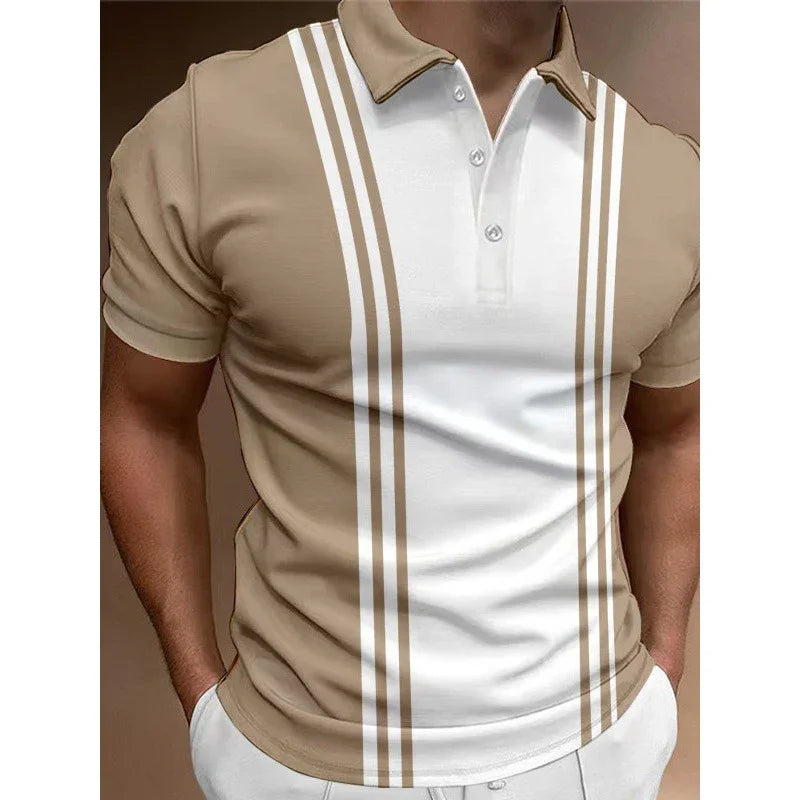 Men's beige and white striped polo shirt with buttoned collar, worn with white pants