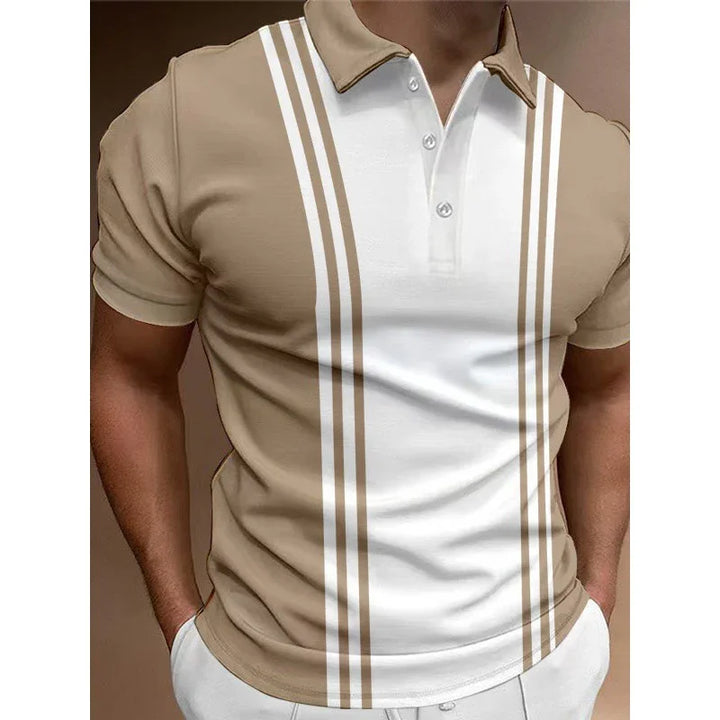 Men's beige and white striped polo shirt with buttoned collar, worn with white pants