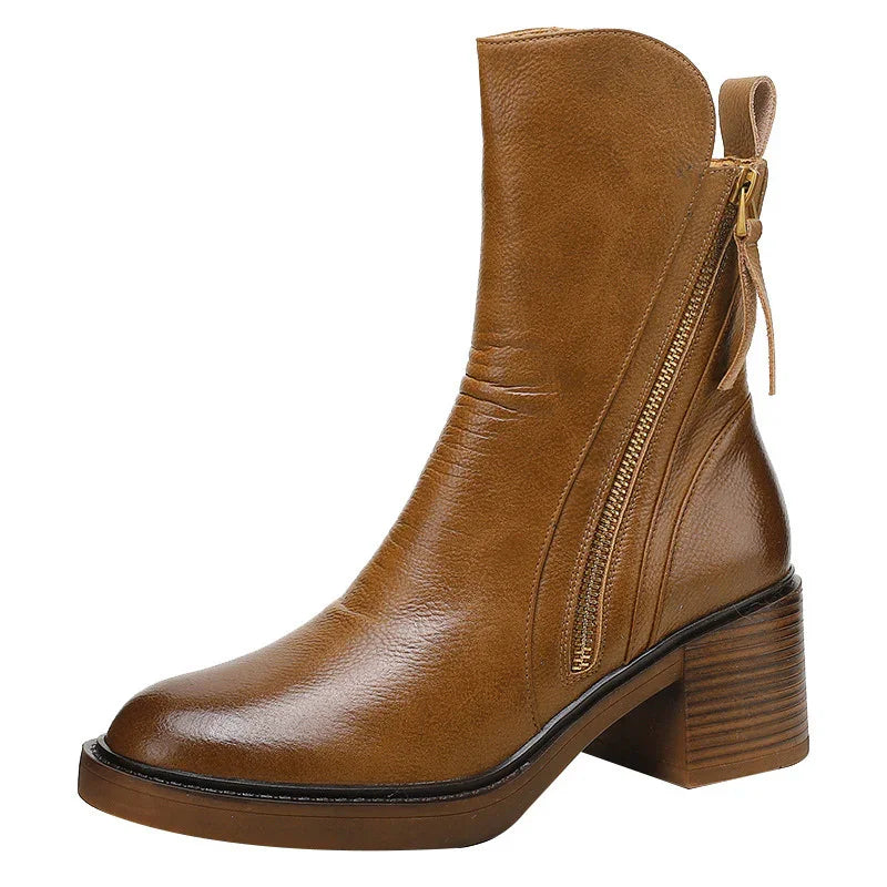 brown leather ankle boot with side zipper and stacked block heel