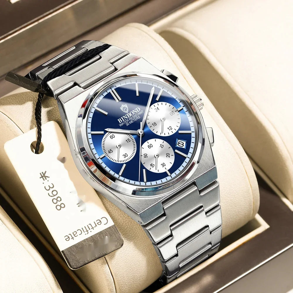 BINBOND stainless steel men's wristwatch with blue dial, chronograph subdials, and date display