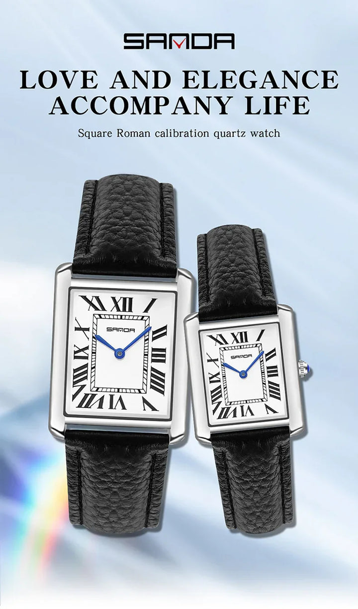 Two SAMDA square Roman numeral quartz watches with black leather straps on light background