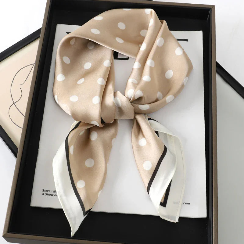 Beige silk scarf with white polka dots and contrasting black and white border in black gift box