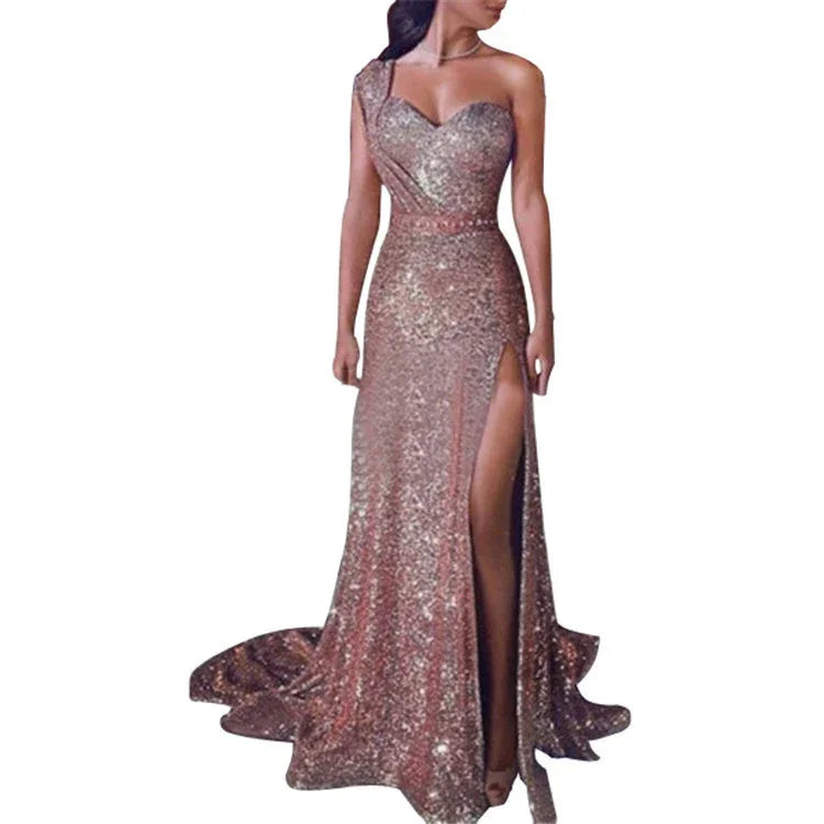 Elegant rose gold sequin one-shoulder evening gown with a high slit and flowing train