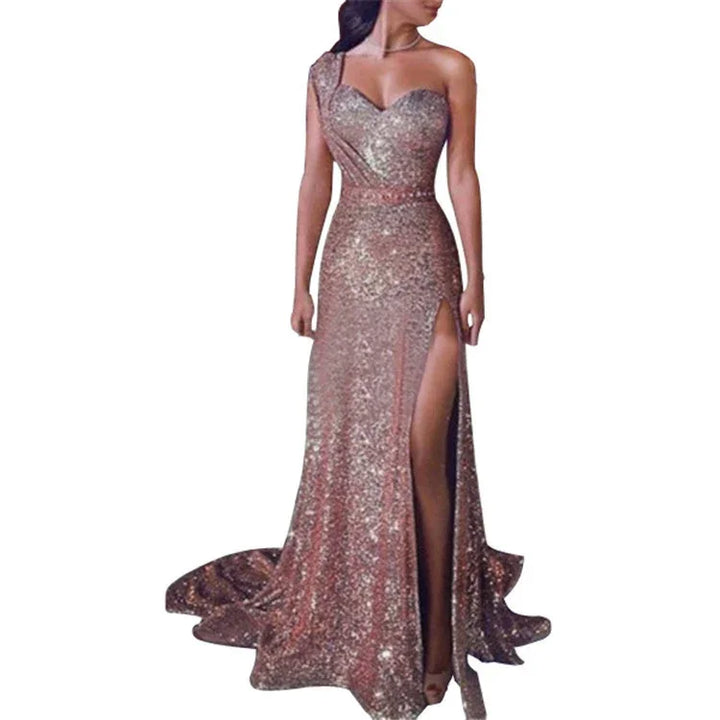 Elegant rose gold sequin one-shoulder evening gown with a high slit and flowing train