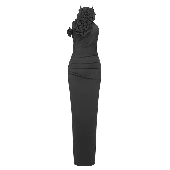 Elegant black sleeveless gown with floral 3D rose details on shoulder and chest