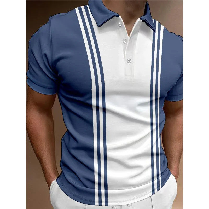 Men's short sleeve polo shirt with navy blue and white color block and vertical stripes