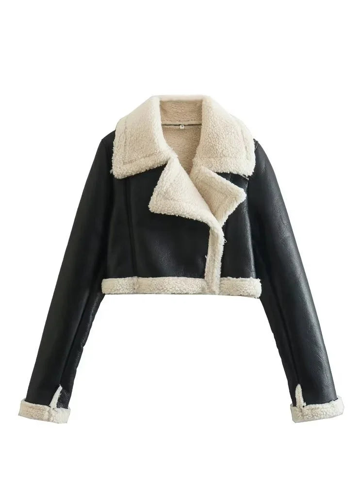 Black cropped faux leather jacket with white shearling lining and wide collar