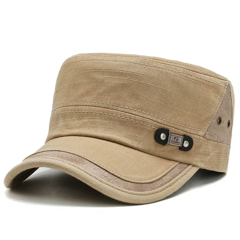Beige cotton military-style cap with stitched detailing and FS Fashion label
