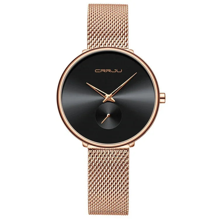 CRRJU minimalist black dial wristwatch with rose gold mesh band and small seconds subdial