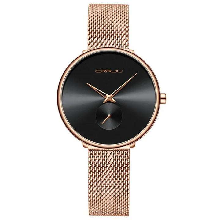 CRRJU minimalist black dial wristwatch with rose gold mesh band and small seconds subdial