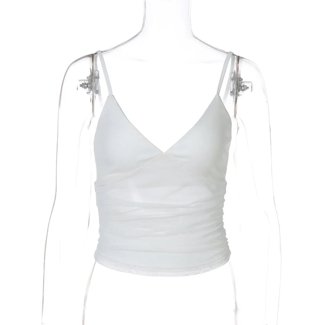 White ruched spaghetti strap crop top on transparent mannequin