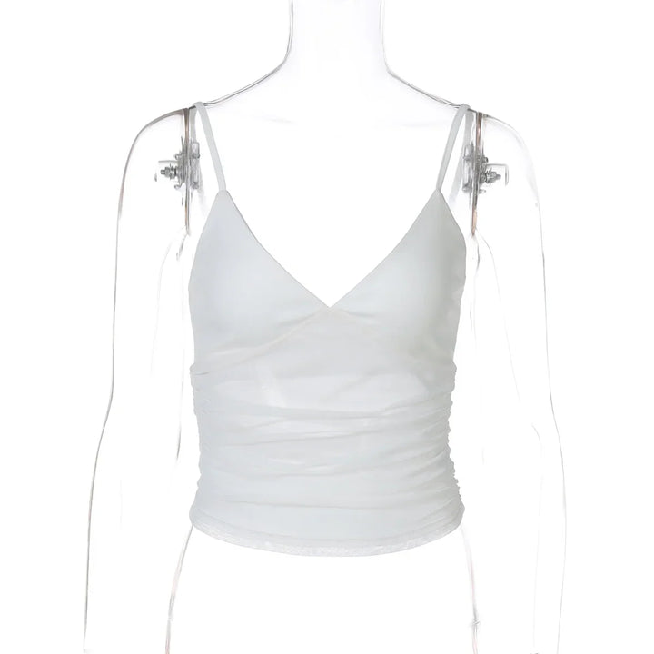 White ruched spaghetti strap crop top on transparent mannequin
