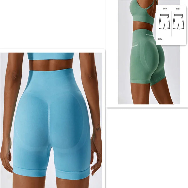 High-waisted seamless workout shorts, blue and green, modeled from back view, athletic wear