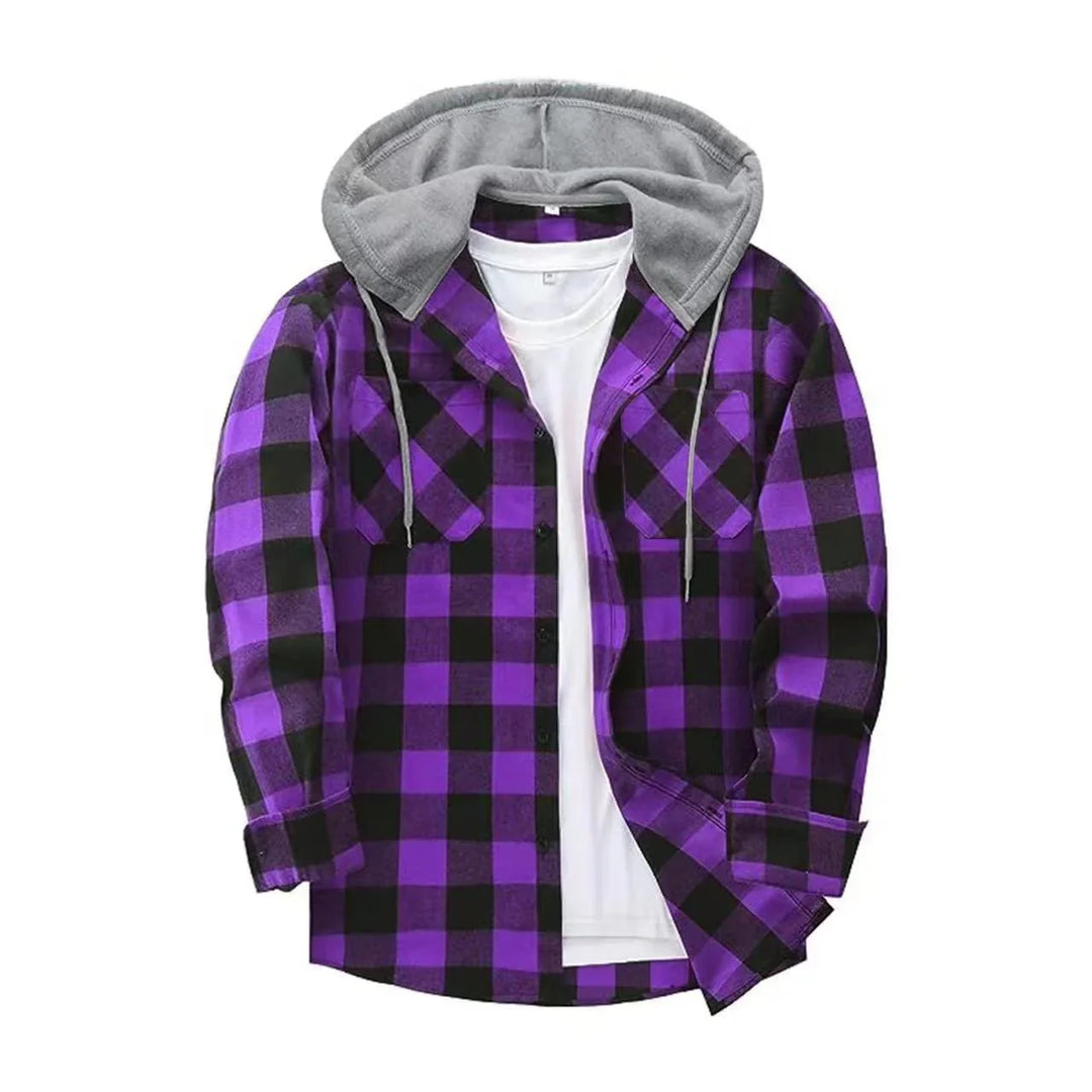 Purple and black checkered flannel shirt with grey hood and white inner t-shirt